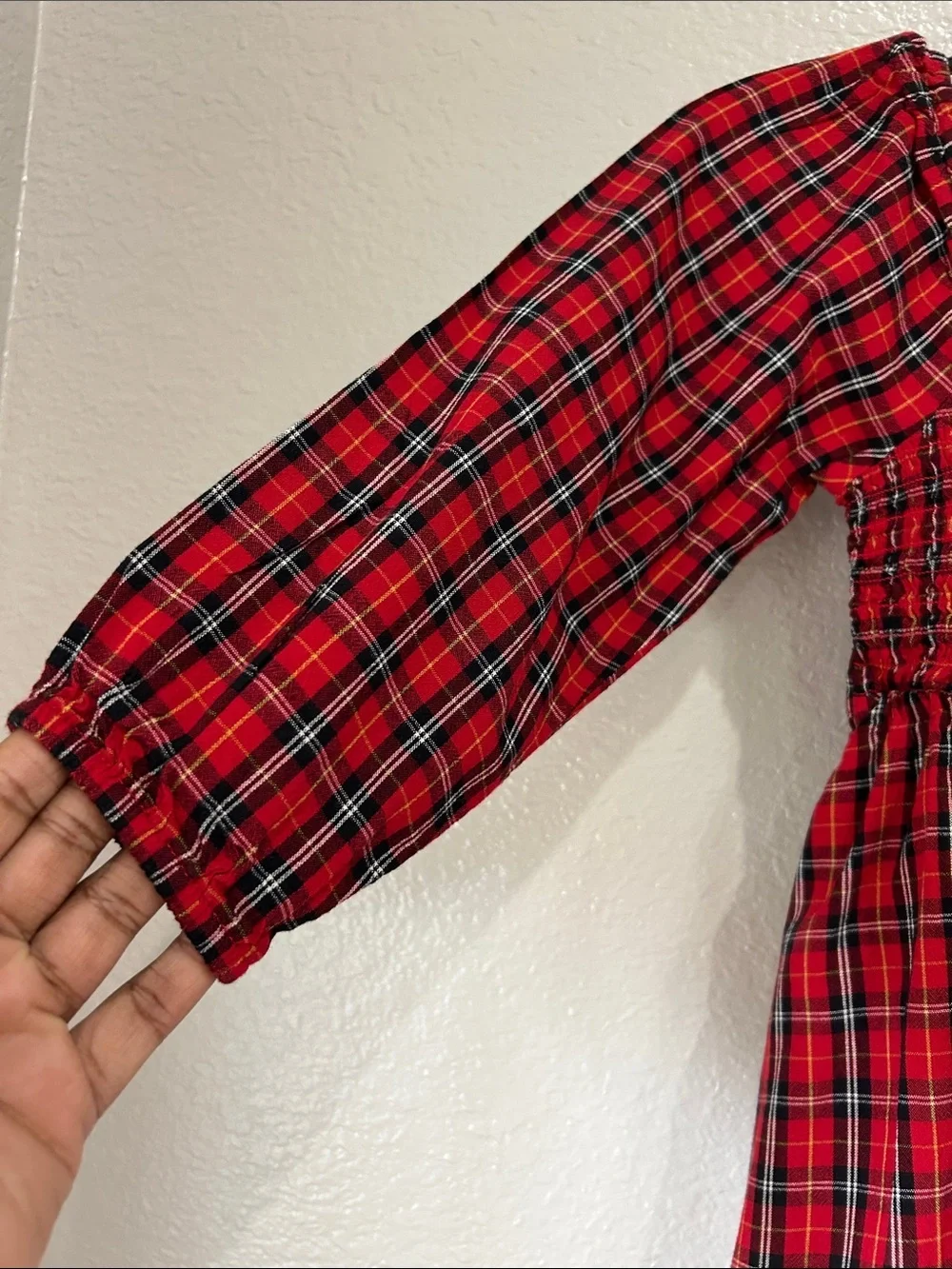 Old Navy Girls Red Plaid Smocked Dress Sz 6/7 Long Sleeve Summer Party Formal